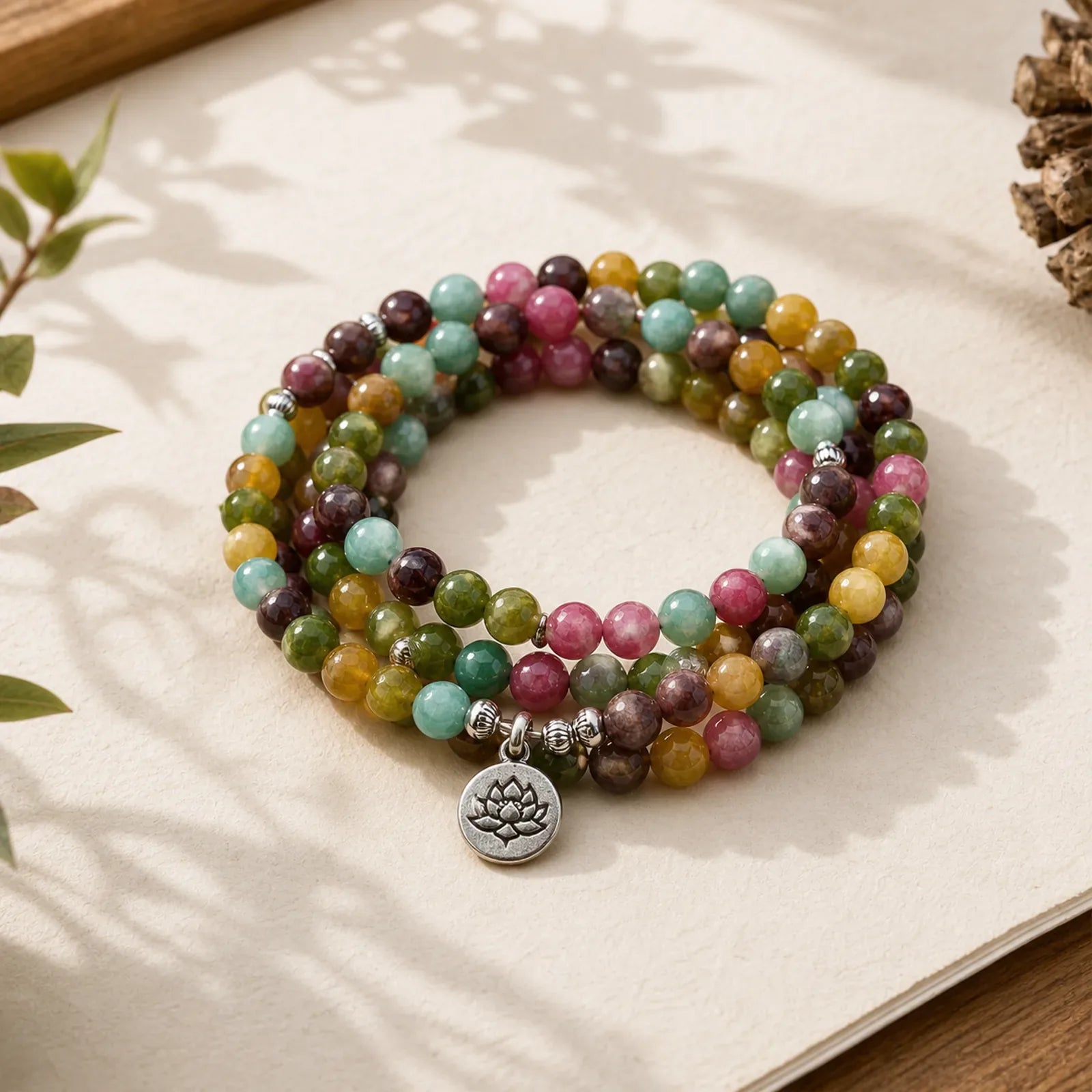 108 Mala Beads Multi-layer Natural Tourmaline Lotus Wisdom Bracelet featuring Tourmaline, Lotus, Lotus Symbol
