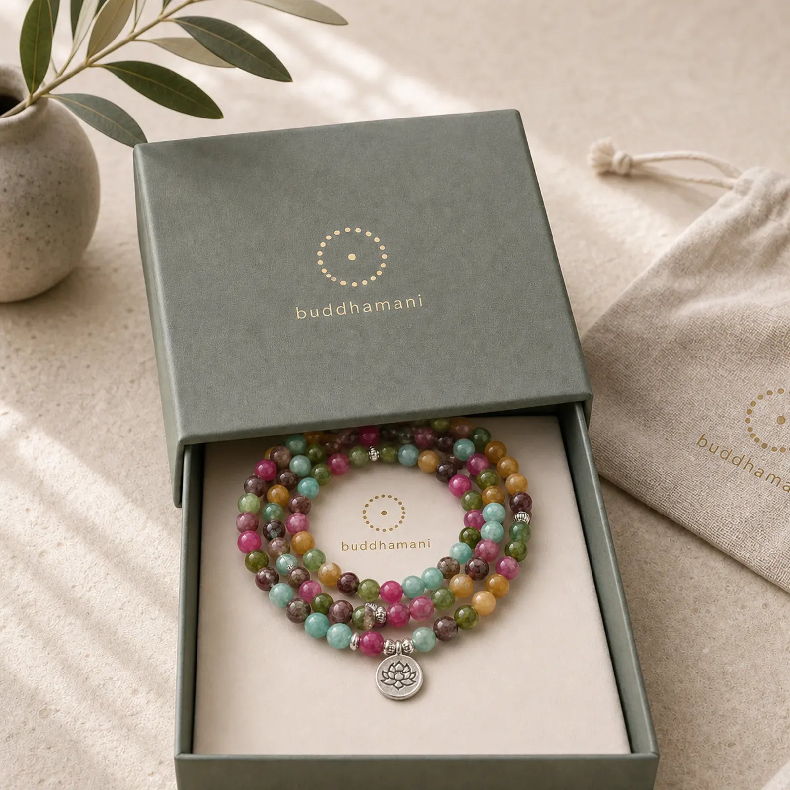 108 Mala Beads Multi-layer Natural Tourmaline Lotus Wisdom Bracelet featuring Tourmaline, Lotus, Lotus Symbol