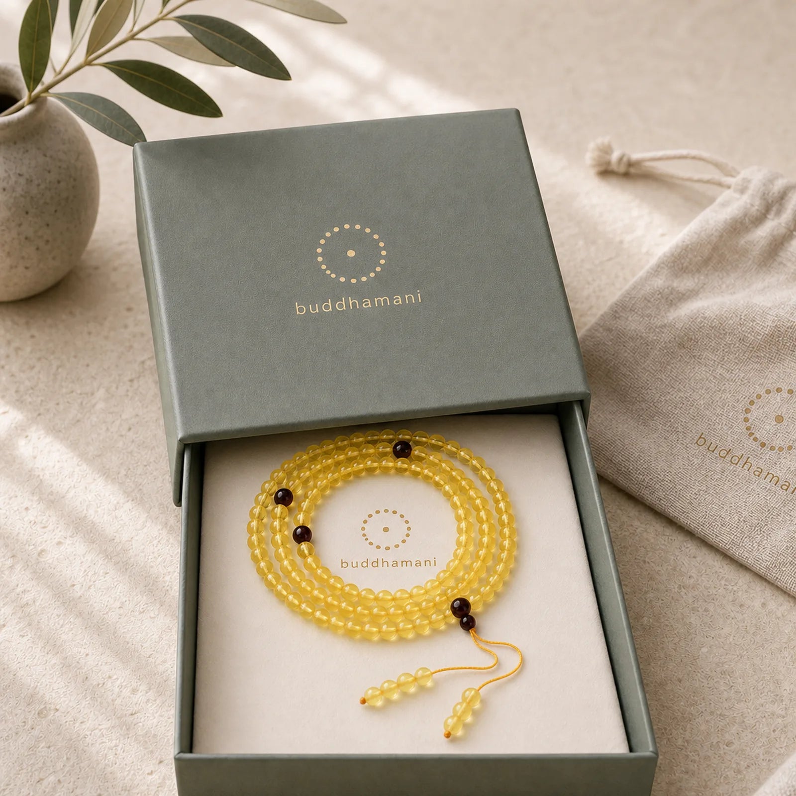 108 Mala Beads Natural Amber Clear Anxiety Bracelet featuring Amber