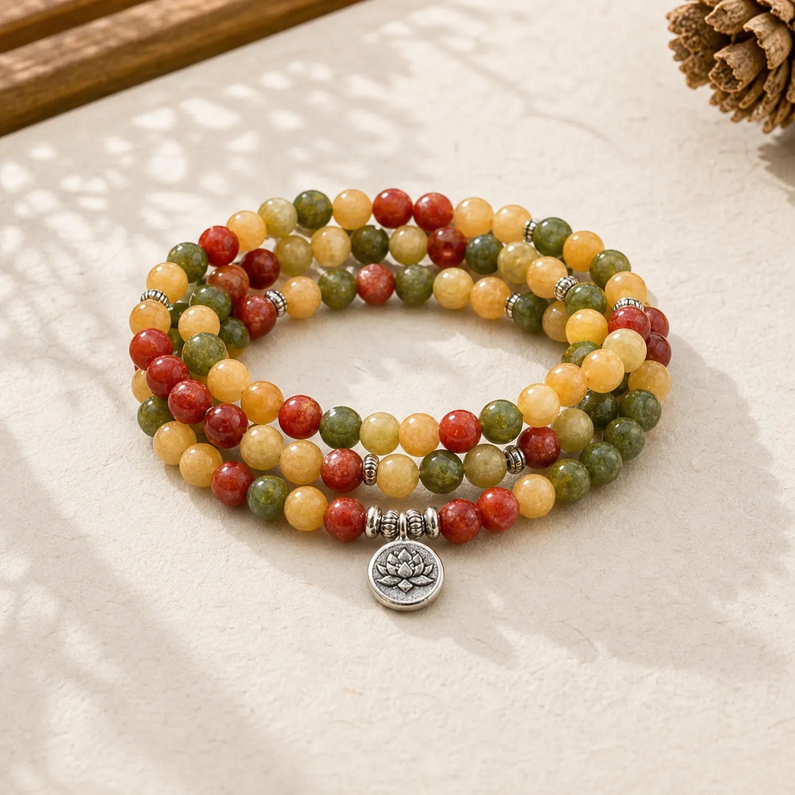 108 Mala Beads Natural Colored Stone Topaz Red Jasper Green Jasper Lotus Protection Bracelet featuring Topaz, Red Jasper, Green Jasper