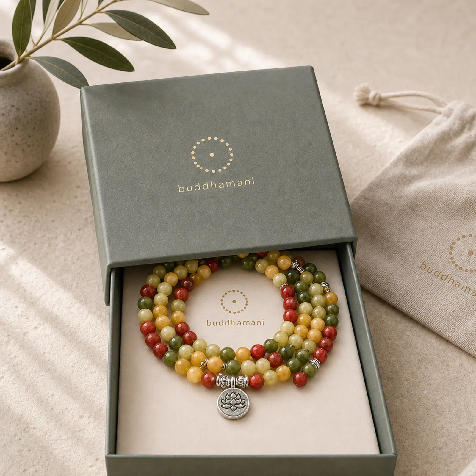 108 Mala Beads Natural Colored Stone Topaz Red Jasper Green Jasper Lotus Protection Bracelet featuring Topaz, Red Jasper, Green Jasper