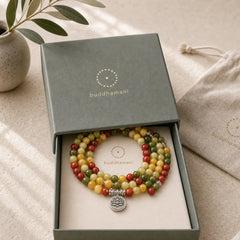 108 Mala Beads Natural Colored Stone Topaz Red Jasper Green Jasper Lotus Protection Bracelet featuring Topaz, Red Jasper, Green Jasper