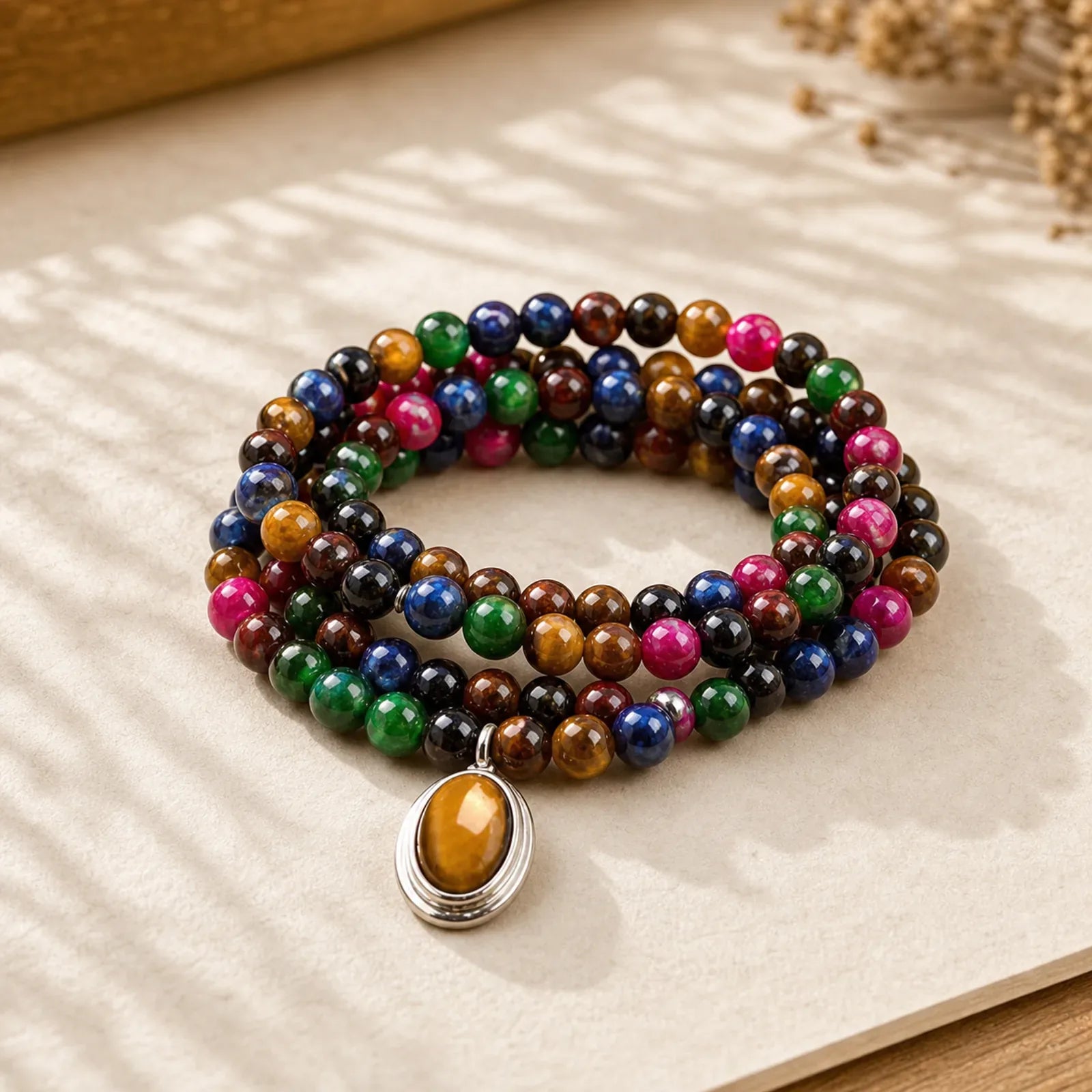 108 Mala Beads Natural Colorful Tiger Eye Stone Multi-turn Protection Bracelet featuring Tiger Eye, Red Tiger Eye, Blue Tiger Eye