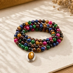 108 Mala Beads Natural Colorful Tiger Eye Stone Multi-turn Protection Bracelet featuring Tiger Eye, Red Tiger Eye, Blue Tiger Eye