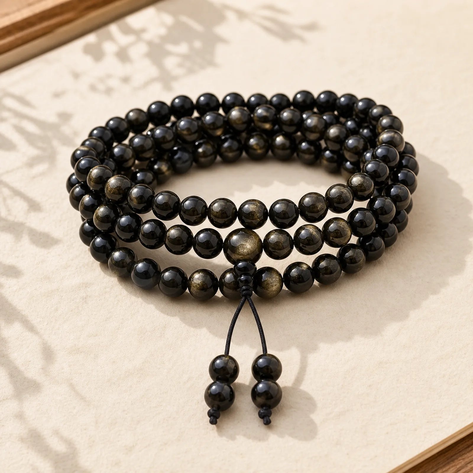 108 Mala Beads Natural Gold Sheen Obsidian Wealth Bracelet featuring Gold Sheen Obsidian, Obsidian