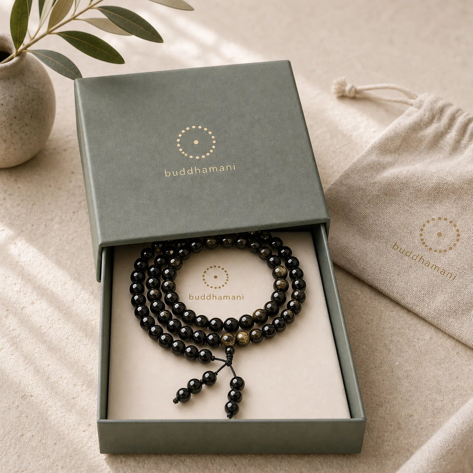 108 Mala Beads Natural Gold Sheen Obsidian Wealth Bracelet featuring Gold Sheen Obsidian, Obsidian