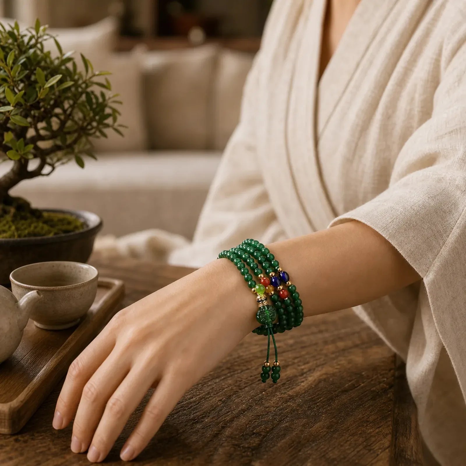 108 Mala Beads Natural Green Agate Power Support Bracelet (Extra 30% Off | USE CODE: FS30) featuring Green Agate