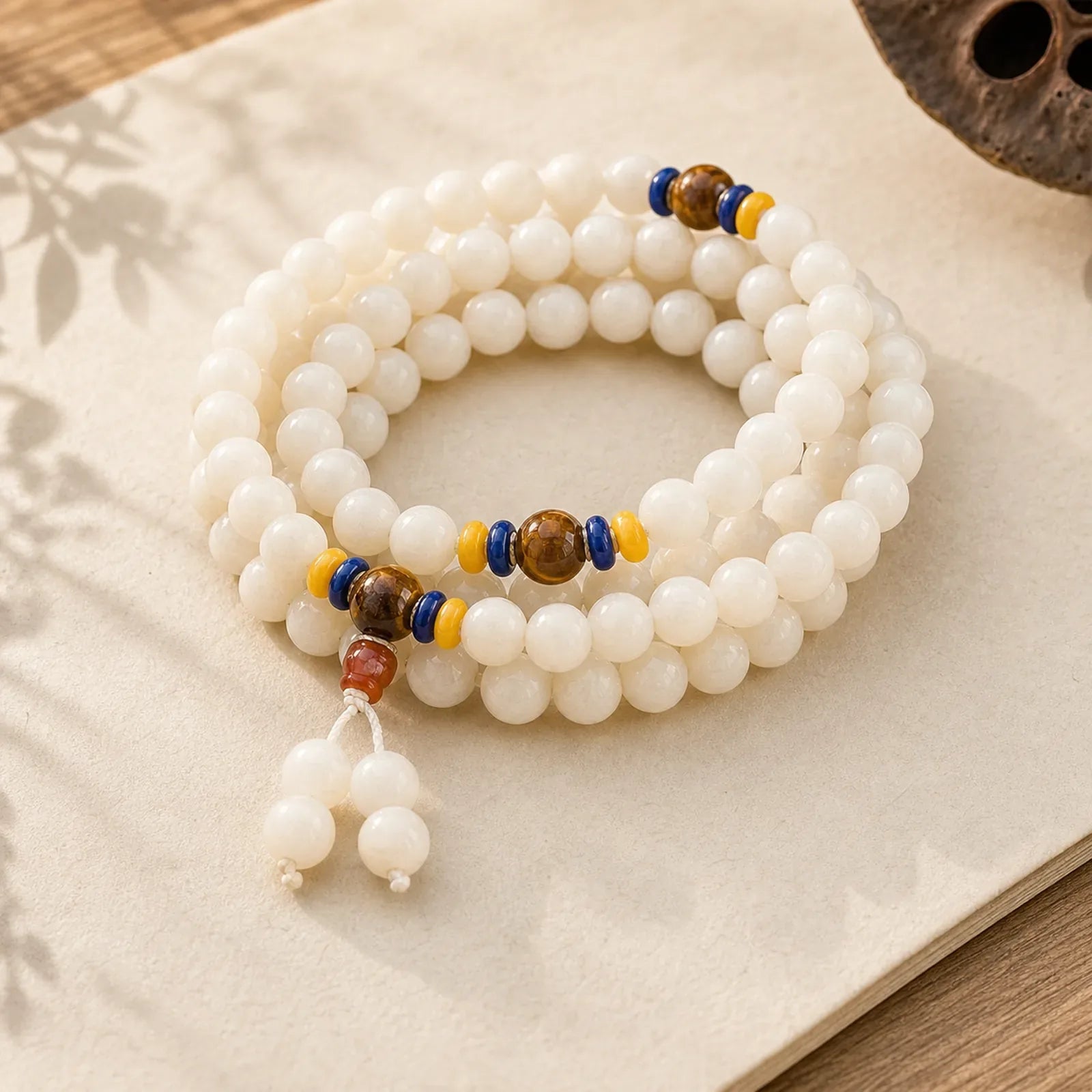 108 Mala Beads Natural Quartzite Wealth Luck Bracelet featuring Quartzite, Jade, Tiger Eye