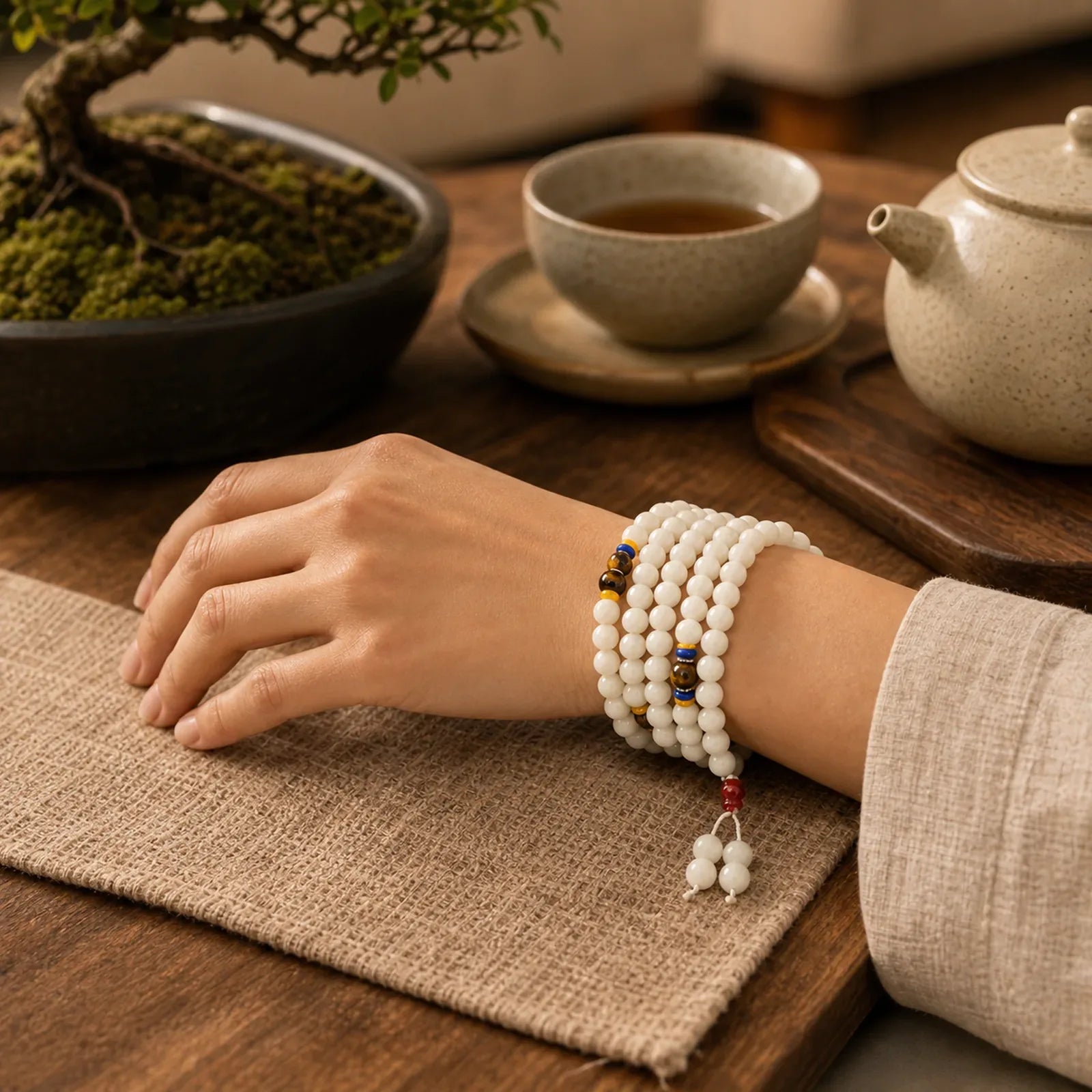 108 Mala Beads Natural Quartzite Wealth Luck Bracelet featuring Quartzite, Jade, Tiger Eye