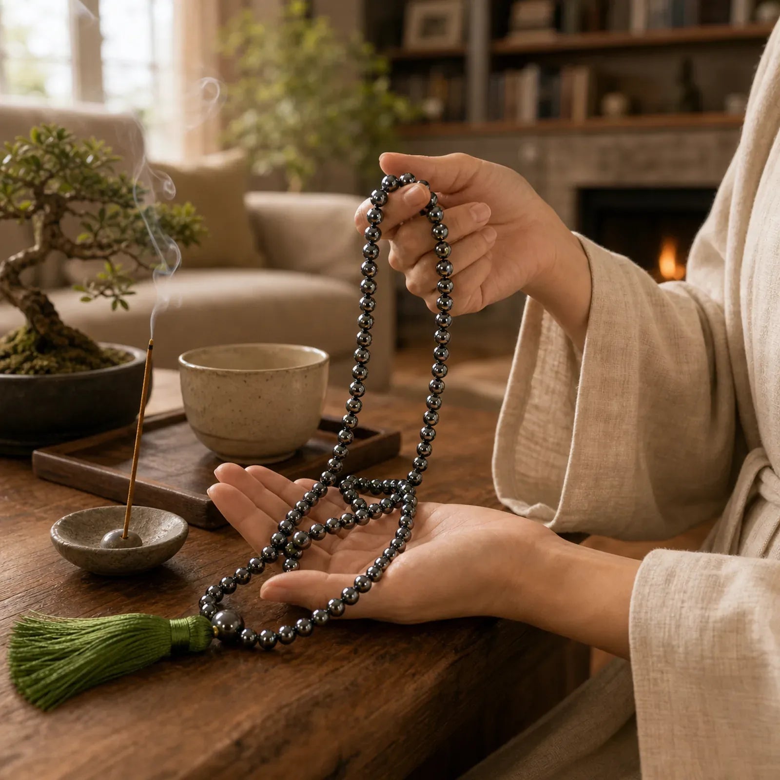 108 Mala Beads Natural Stone Hematite Tassel Powerful Bracelet featuring Hematite