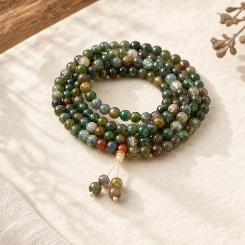 108 Mala Beads Natural Stone Moss Agate Multi-turn Healing Bracelet featuring Moss Agate