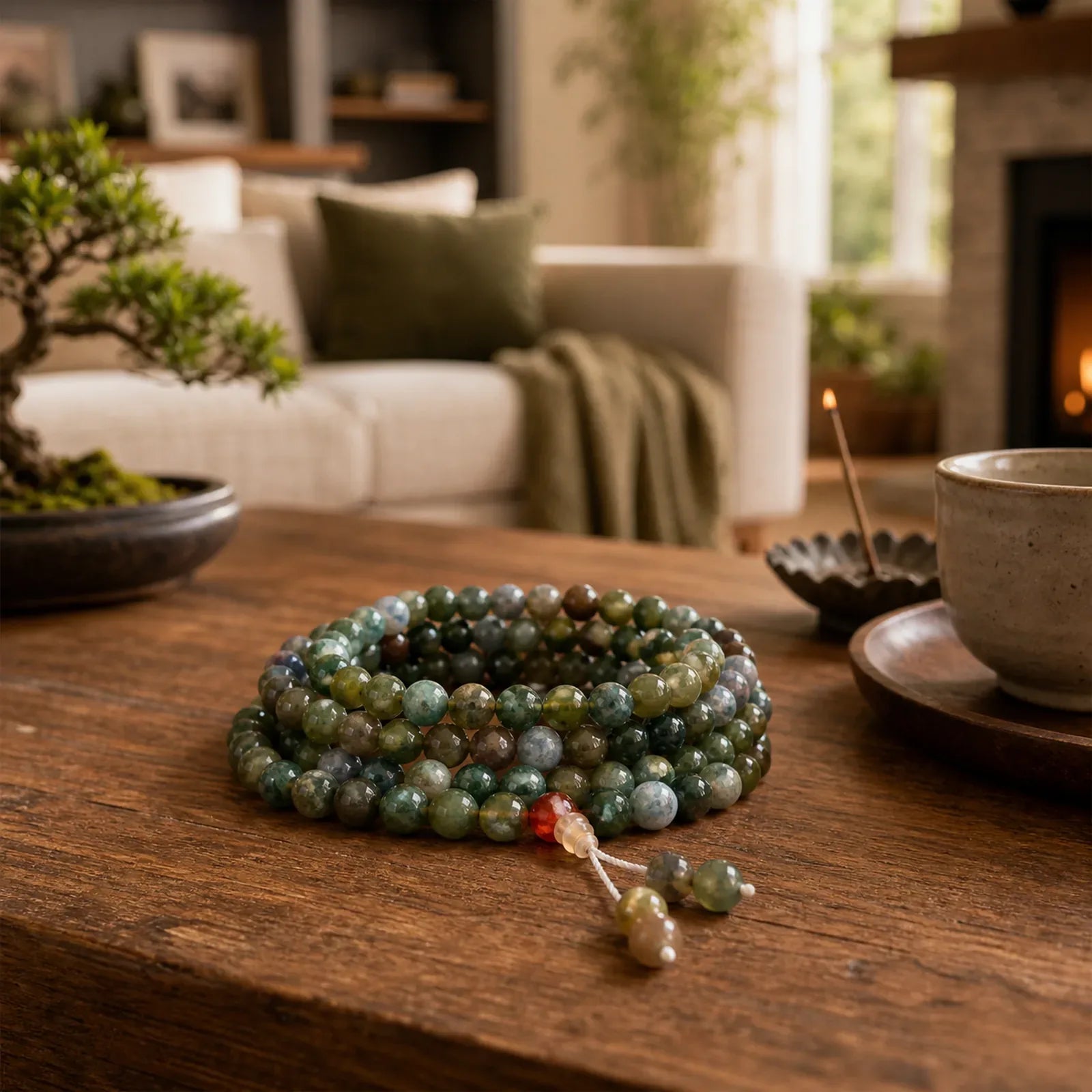 108 Mala Beads Natural Stone Moss Agate Multi-turn Healing Bracelet featuring Moss Agate