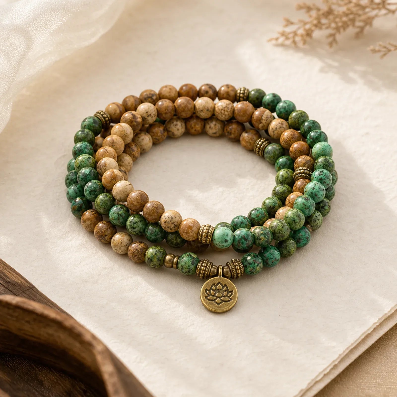 108 Mala Beads Natural Stone Picture Jasper Turquoise Lotus Positive Bracelet featuring Picture Jasper, Turquoise, Lotus