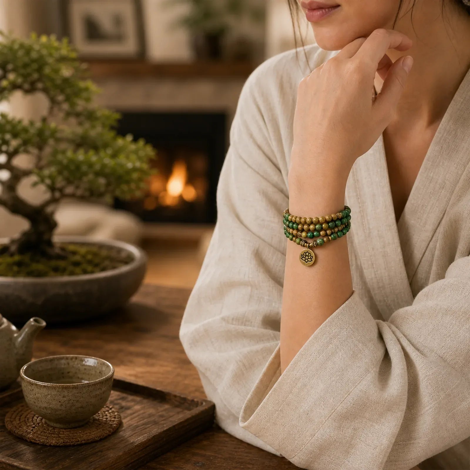 108 Mala Beads Natural Stone Picture Jasper Turquoise Lotus Positive Bracelet featuring Picture Jasper, Turquoise, Lotus