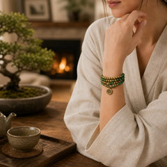 108 Mala Beads Natural Stone Picture Jasper Turquoise Lotus Positive Bracelet featuring Picture Jasper, Turquoise, Lotus