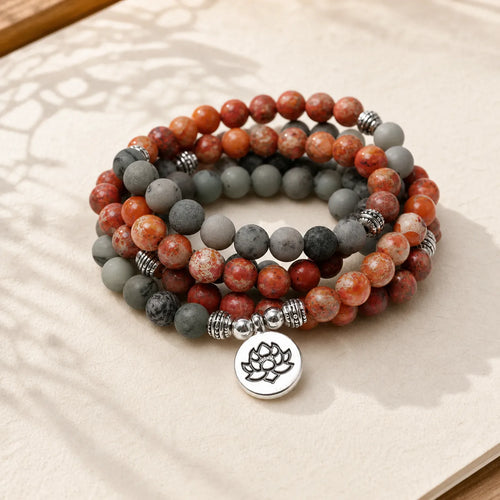 108 Mala Beads Natural Stone Sea Sediment Jasper Lotus Protection Bracelet featuring Sea Sediment Jasper, Lotus, Lotus Symbol