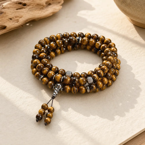 108 Mala Beads Natural Stone Tiger Eye Multi-turn Protection Bracelet featuring Tiger Eye