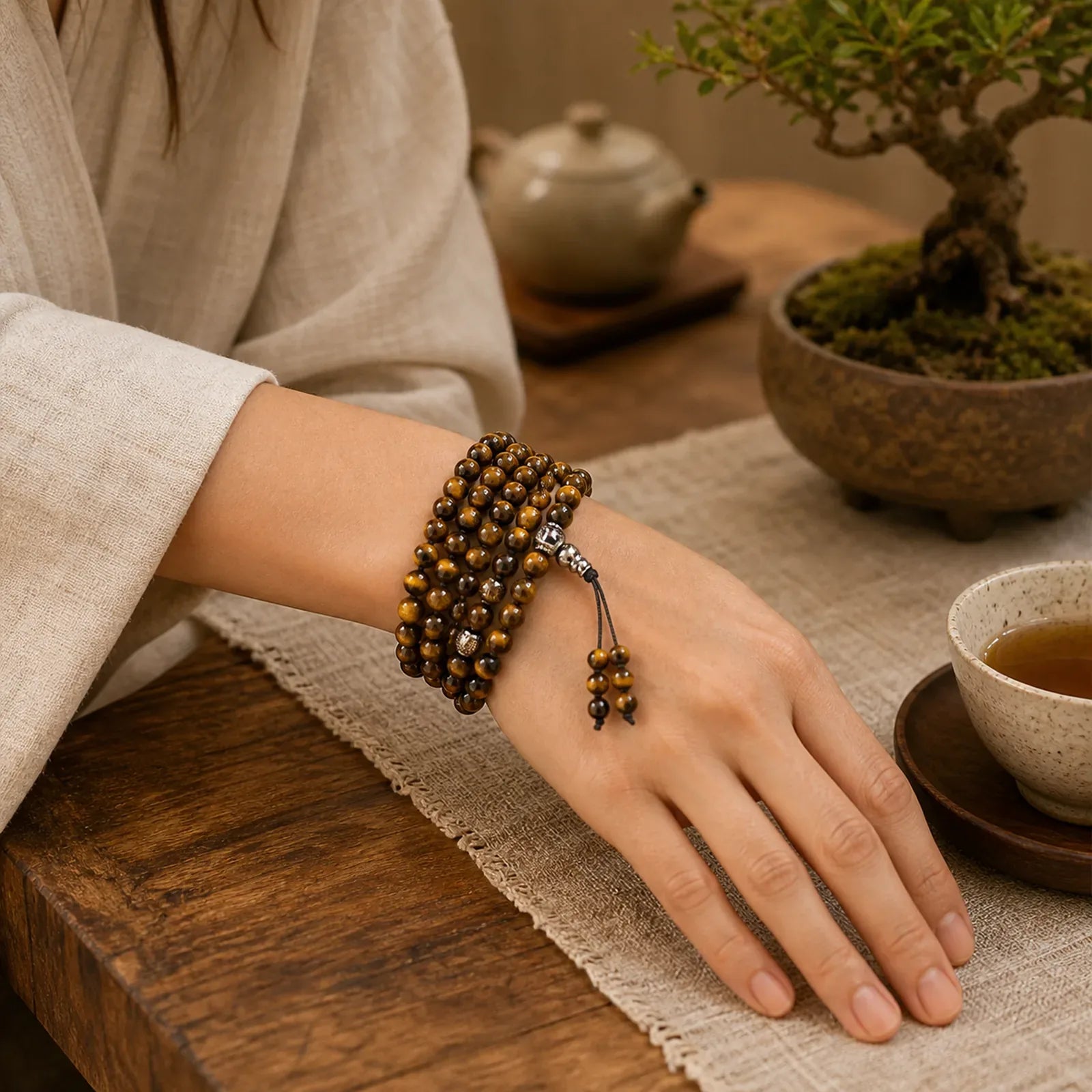 108 Mala Beads Natural Stone Tiger Eye Multi-turn Protection Bracelet featuring Tiger Eye