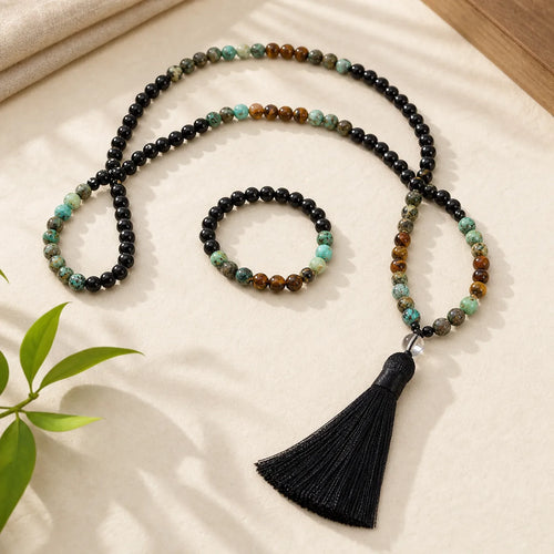 108 Mala Beads Natural Stone Tiger Eye Turquoise Protection Strength Bracelet Necklace featuring Tiger Eye, Turquoise