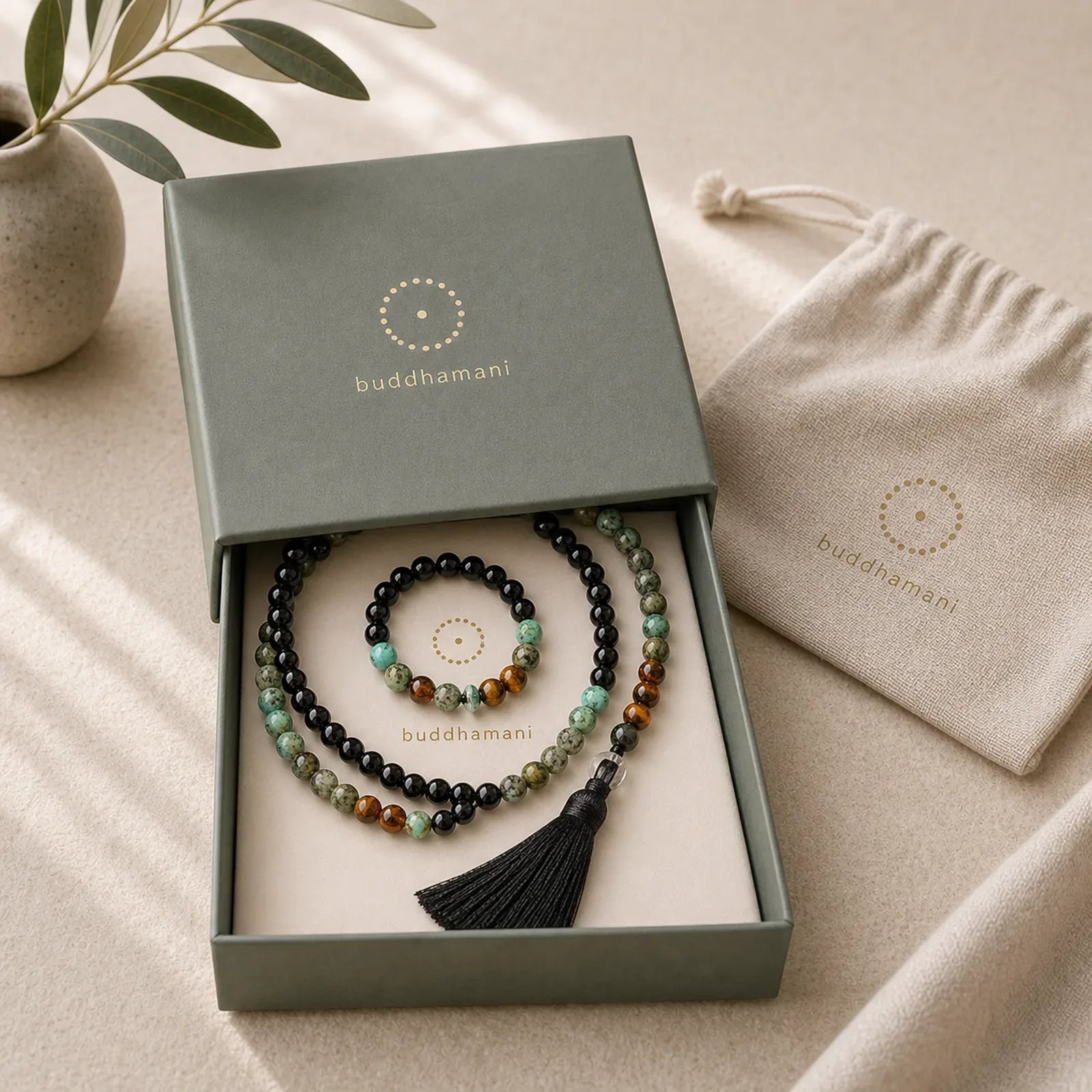 108 Mala Beads Natural Stone Tiger Eye Turquoise Protection Strength Bracelet Necklace featuring Tiger Eye, Turquoise