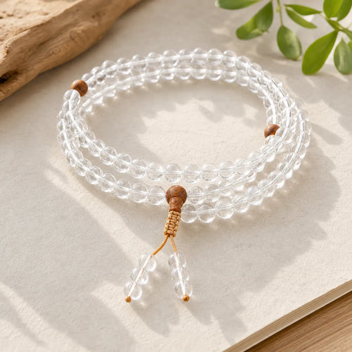 108 Mala Beads Natural Stone White Crystal Sandalwood Healing Bracelet featuring Clear Quartz / White Crystal, Sandalwood