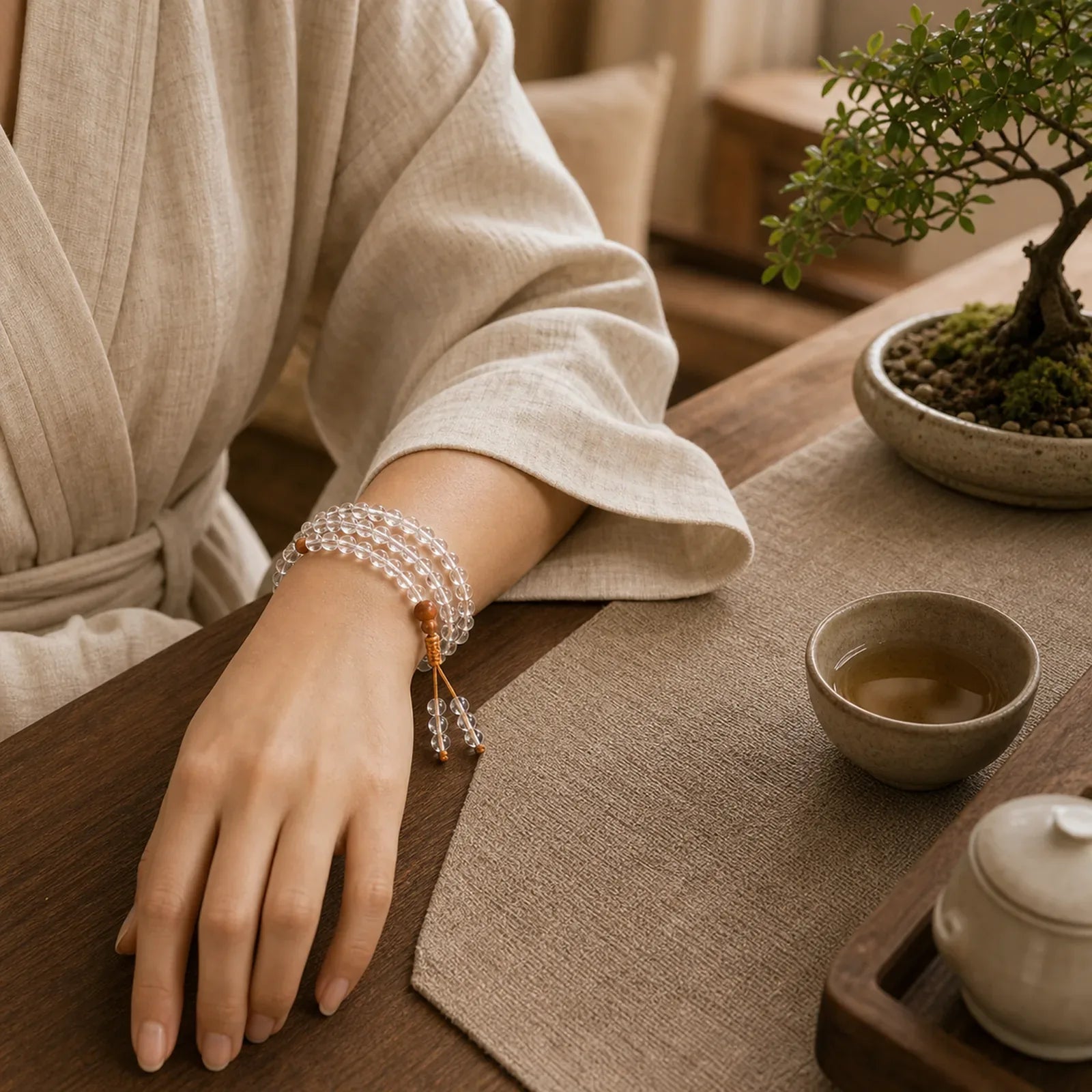 108 Mala Beads Natural Stone White Crystal Sandalwood Healing Bracelet featuring Clear Quartz / White Crystal, Sandalwood