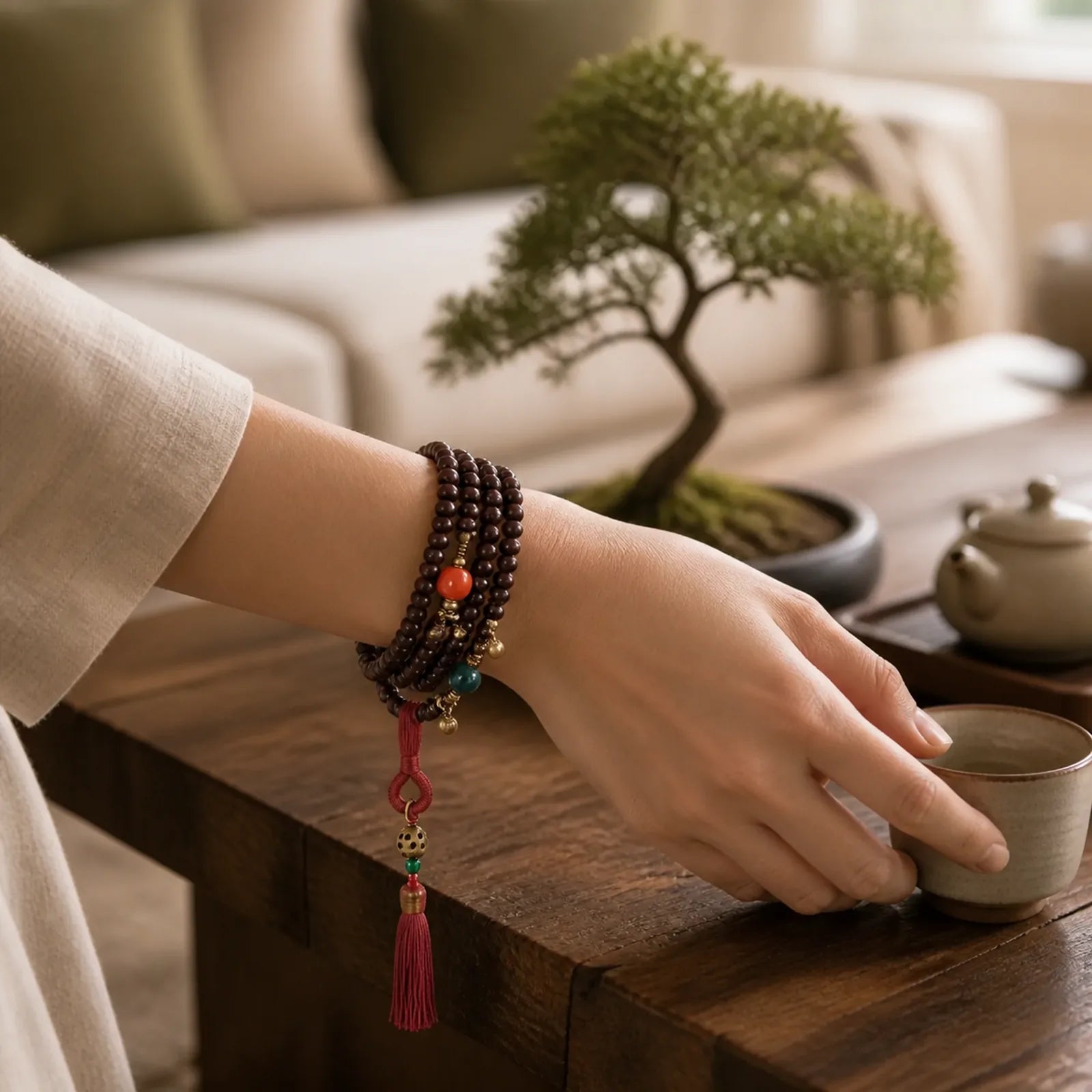 108 Mala Beads Natural Tibet Purple Bodhi Seed Auspiciousness Bracelet featuring Bodhi Seed, Red Sandalwood, Sandalwood