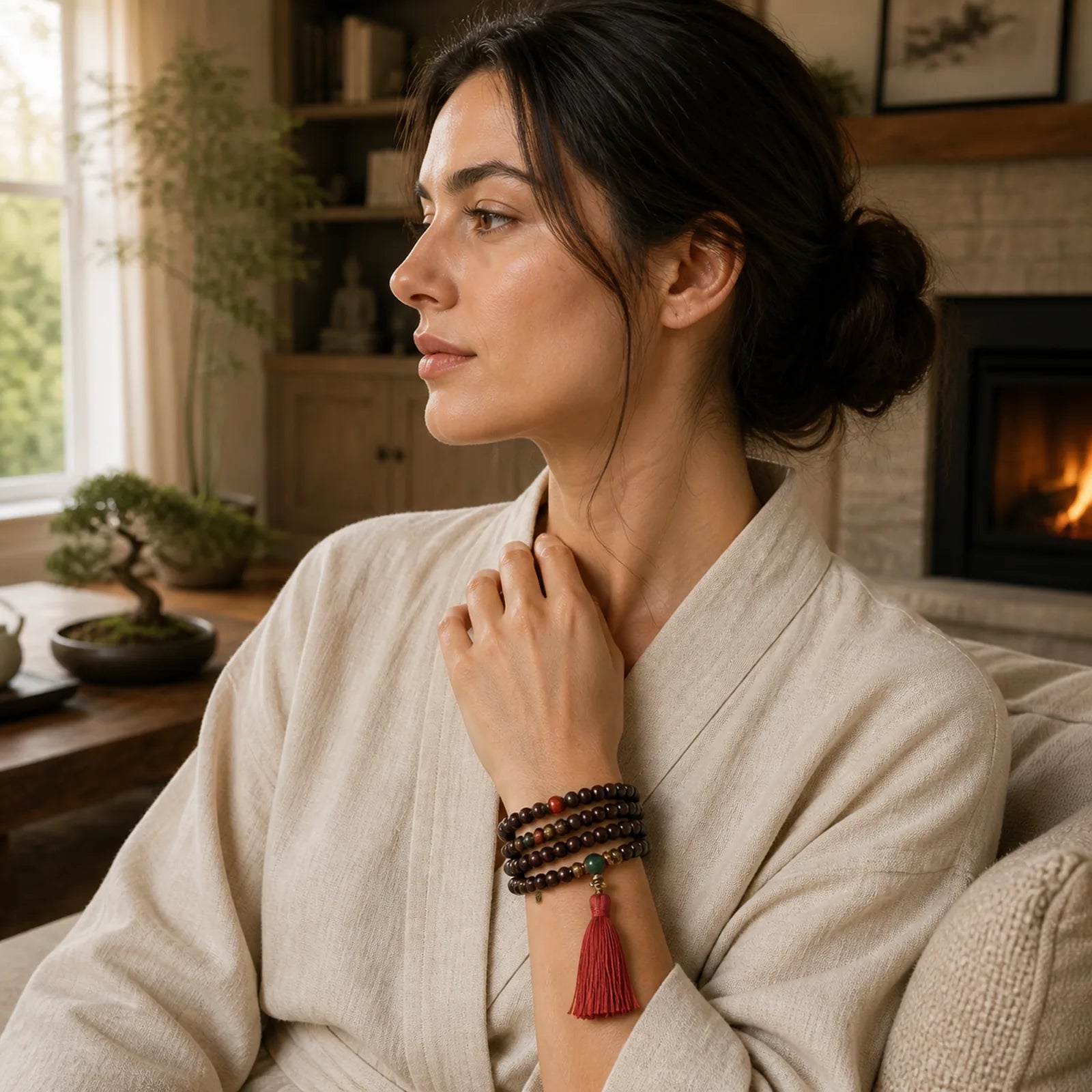 108 Mala Beads Natural Tibet Purple Bodhi Seed Auspiciousness Bracelet featuring Bodhi Seed, Red Sandalwood, Sandalwood