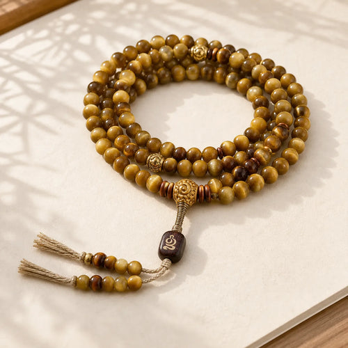 108 Mala Beads Natural Tiger Eye Copper Dorje Protection Tassel Bracelet featuring Tiger Eye, Copper, Vajra