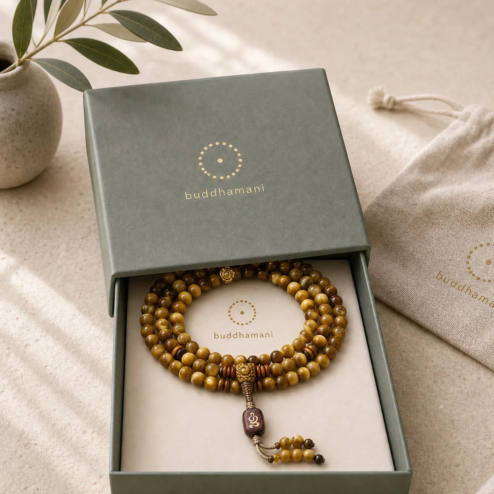 108 Mala Beads Natural Tiger Eye Copper Dorje Protection Tassel Bracelet featuring Tiger Eye, Copper, Vajra