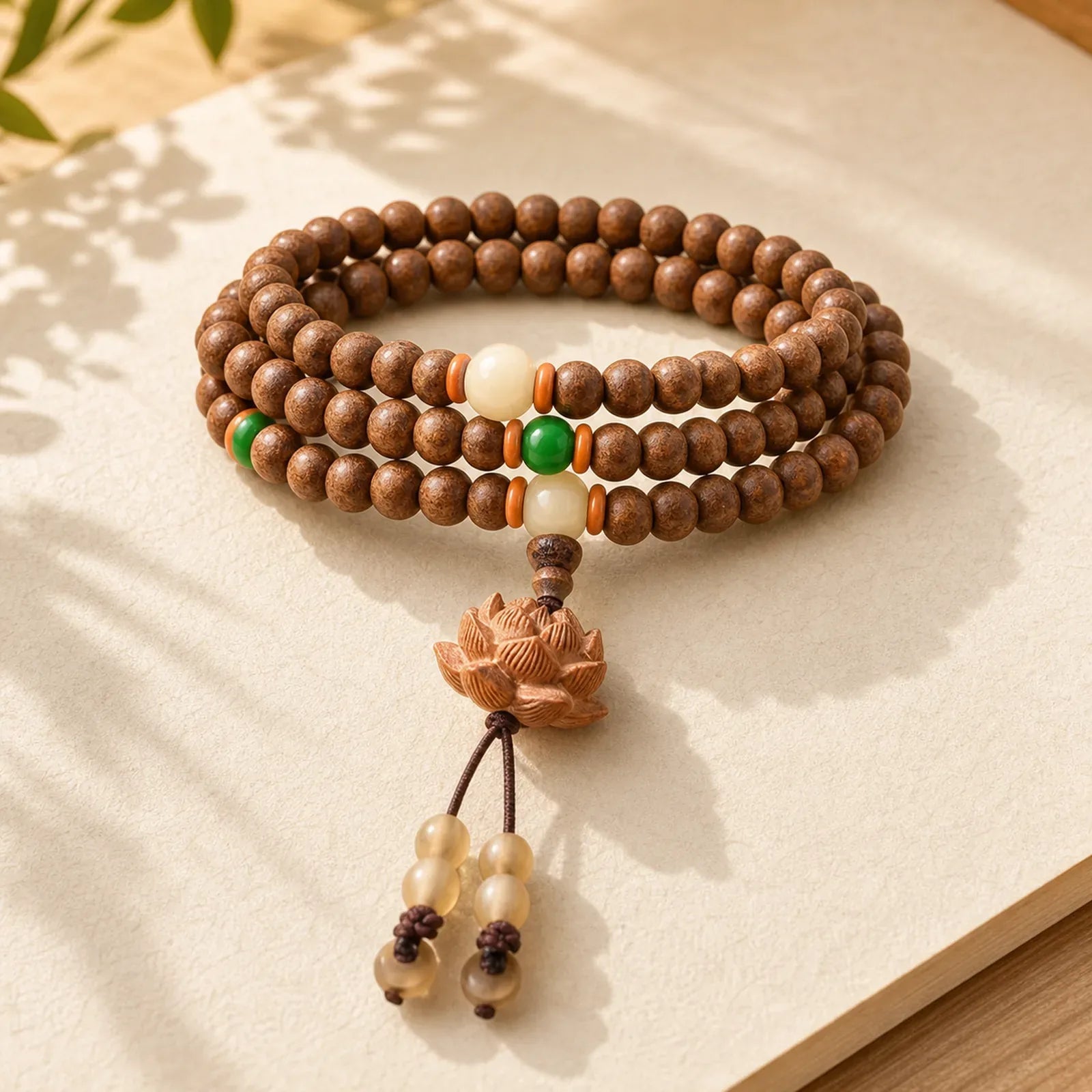 108 Mala Beads Peach Wood Bodhi Seed Lotus Prayer Meditation Bracelet featuring Peach Wood, Bodhi Seed, Lotus