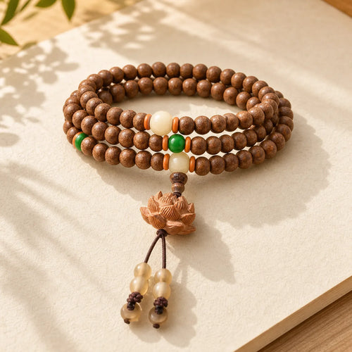 108 Mala Beads Peach Wood Bodhi Seed Lotus Prayer Meditation Bracelet featuring Peach Wood, Bodhi Seed, Lotus