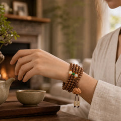 108 Mala Beads Peach Wood Bodhi Seed Lotus Prayer Meditation Bracelet featuring Peach Wood, Bodhi Seed, Lotus