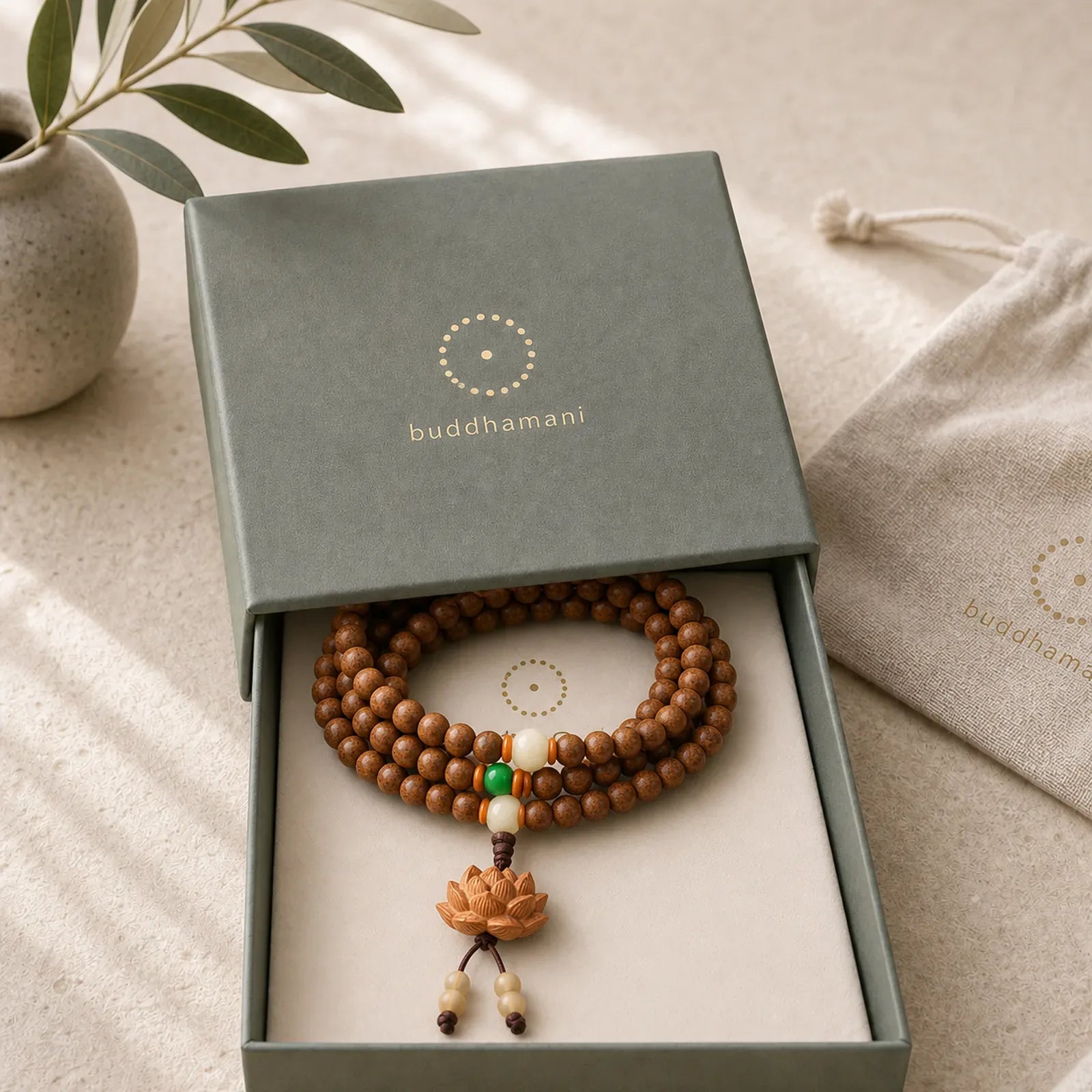 108 Mala Beads Peach Wood Bodhi Seed Lotus Prayer Meditation Bracelet featuring Peach Wood, Bodhi Seed, Lotus