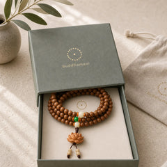 108 Mala Beads Peach Wood Bodhi Seed Lotus Prayer Meditation Bracelet featuring Peach Wood, Bodhi Seed, Lotus