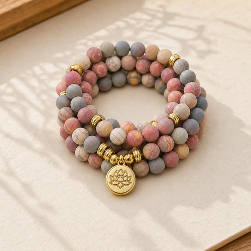 108 Mala Beads Picasso Jasper Stone Courage Energy Bracelet featuring Picasso Jasper, Lotus Symbol, Lotus