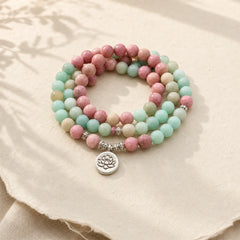 108 Mala Beads Rhodonite Amazonite Lotus Healing Bracelet featuring Rhodonite, Amazonite, Lotus