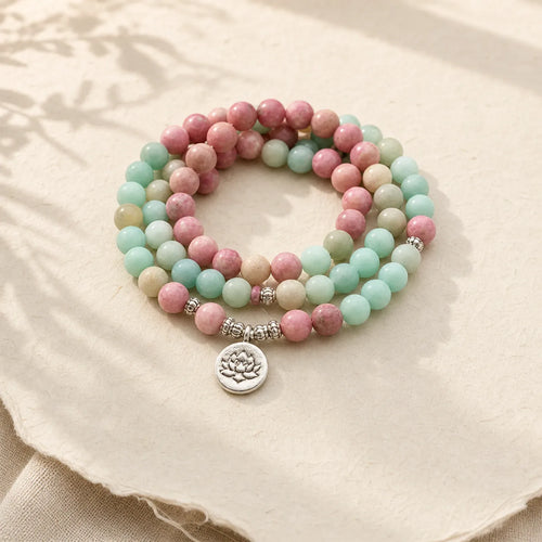 108 Mala Beads Rhodonite Amazonite Lotus Healing Bracelet featuring Rhodonite, Amazonite, Lotus