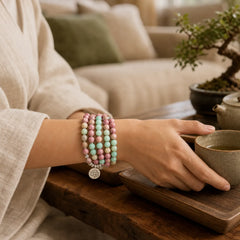 108 Mala Beads Rhodonite Amazonite Lotus Healing Bracelet featuring Rhodonite, Amazonite, Lotus