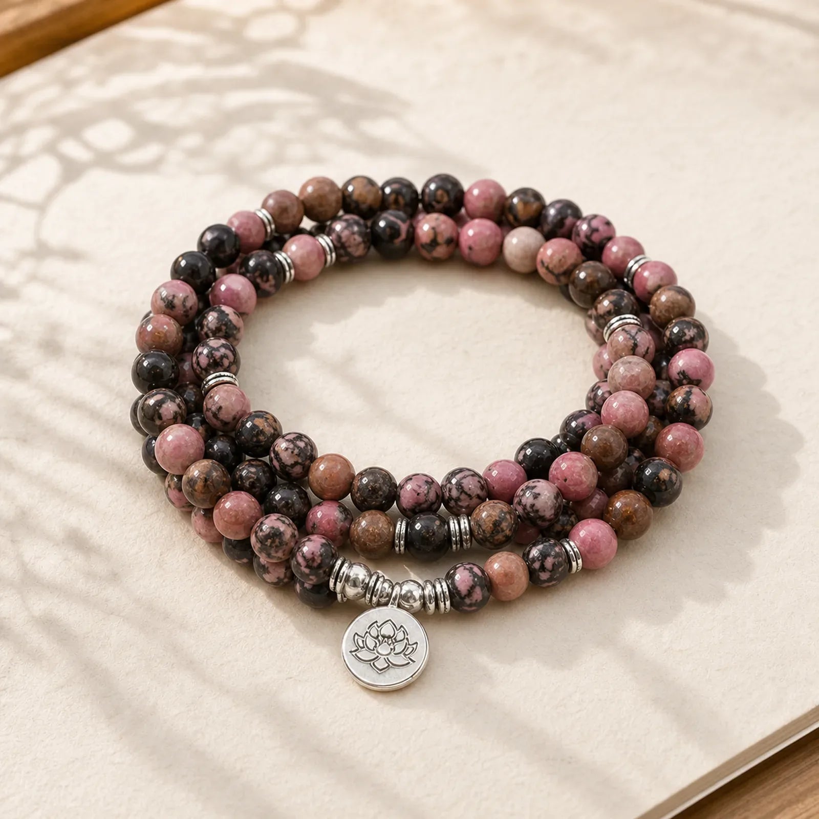 108 Mala Beads Rhodonite Lotus Compassion Energy Bracelet featuring Rhodonite, Lotus, Lotus Symbol