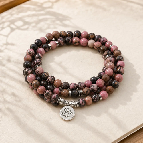 108 Mala Beads Rhodonite Lotus Compassion Energy Bracelet featuring Rhodonite, Lotus, Lotus Symbol