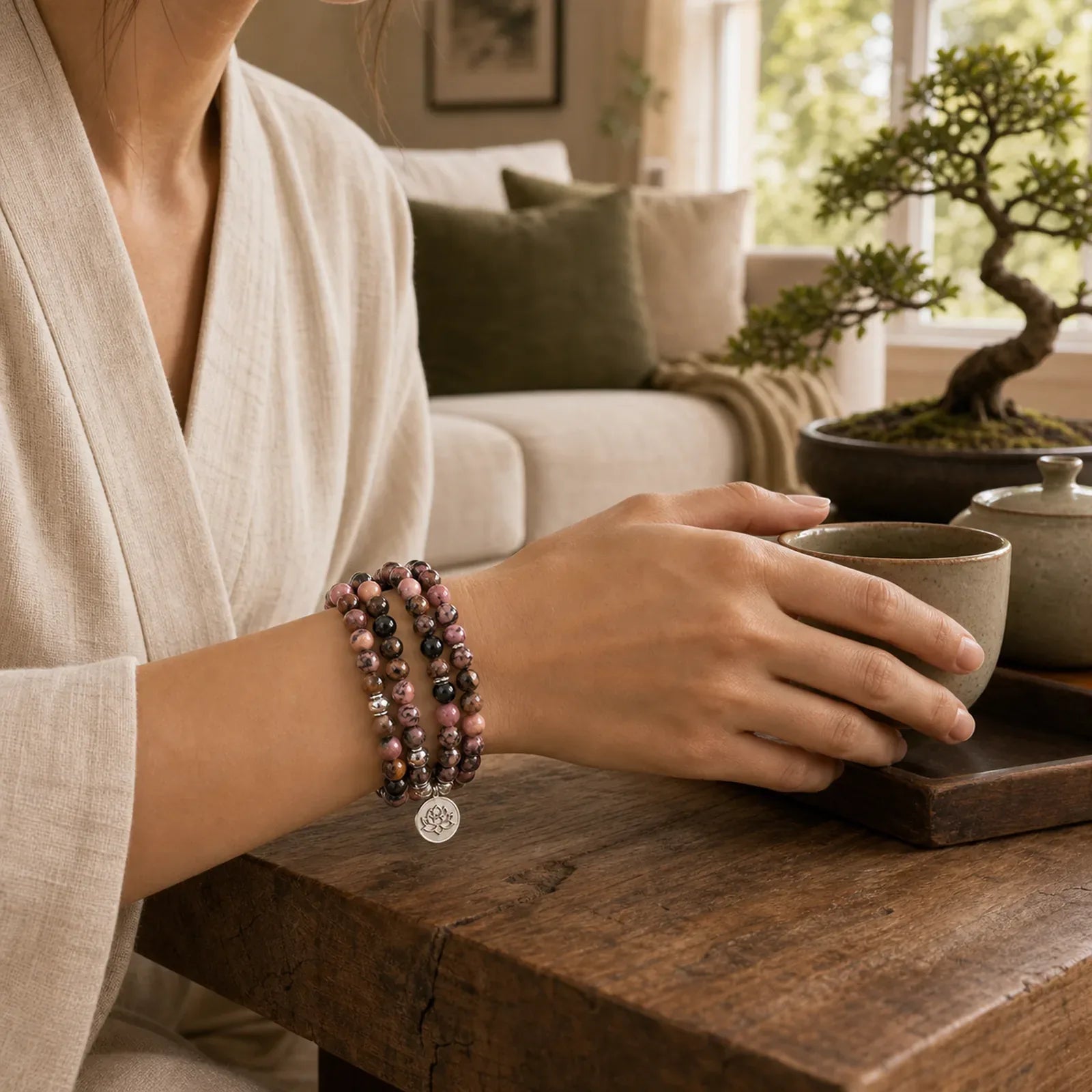 108 Mala Beads Rhodonite Lotus Compassion Energy Bracelet featuring Rhodonite, Lotus, Lotus Symbol