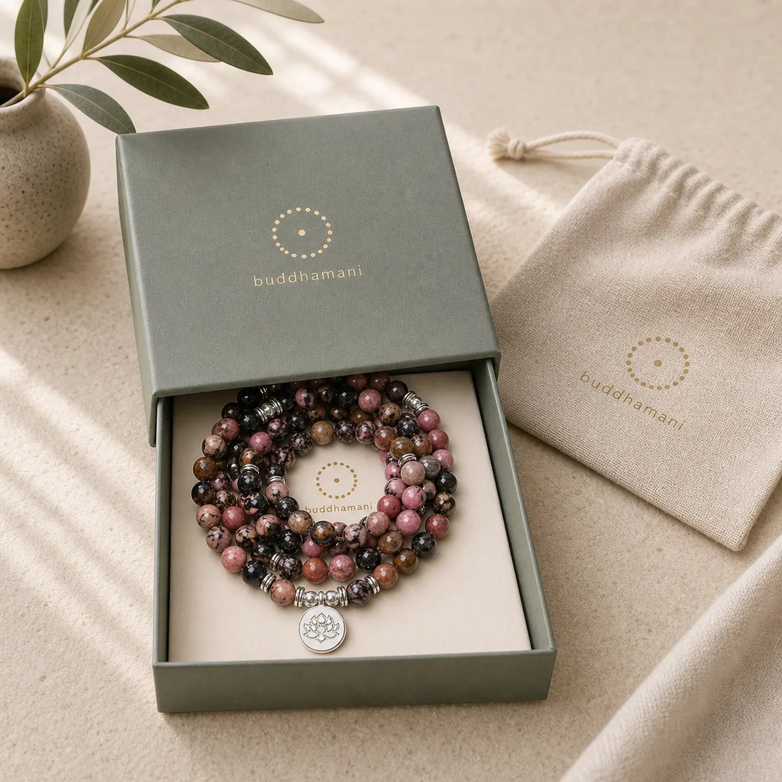 108 Mala Beads Rhodonite Lotus Compassion Energy Bracelet featuring Rhodonite, Lotus, Lotus Symbol