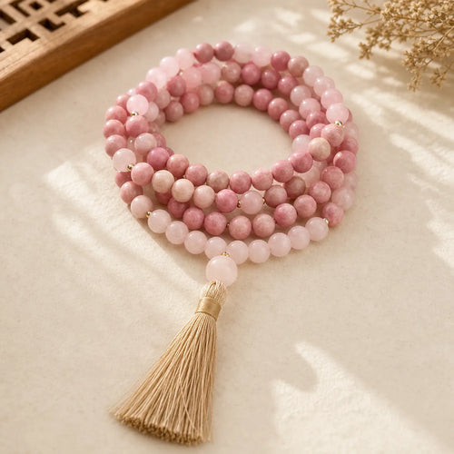 108 Mala Beads Rhodonite Rose Quartz Tassel Healing Bracelet featuring Rhodonite, Rose Quartz