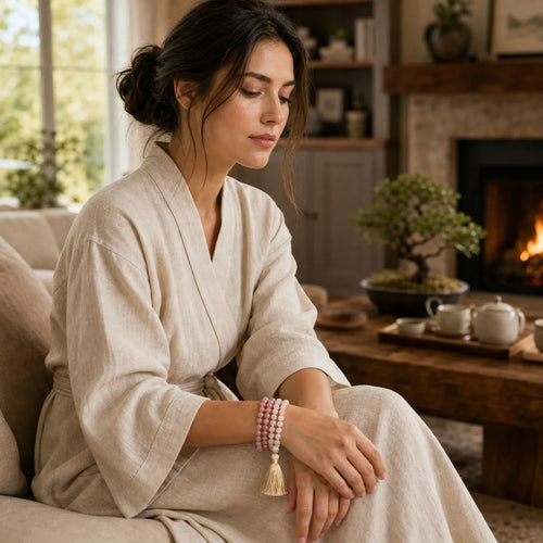 108 Mala Beads Rhodonite Rose Quartz Tassel Healing Bracelet featuring Rhodonite, Rose Quartz