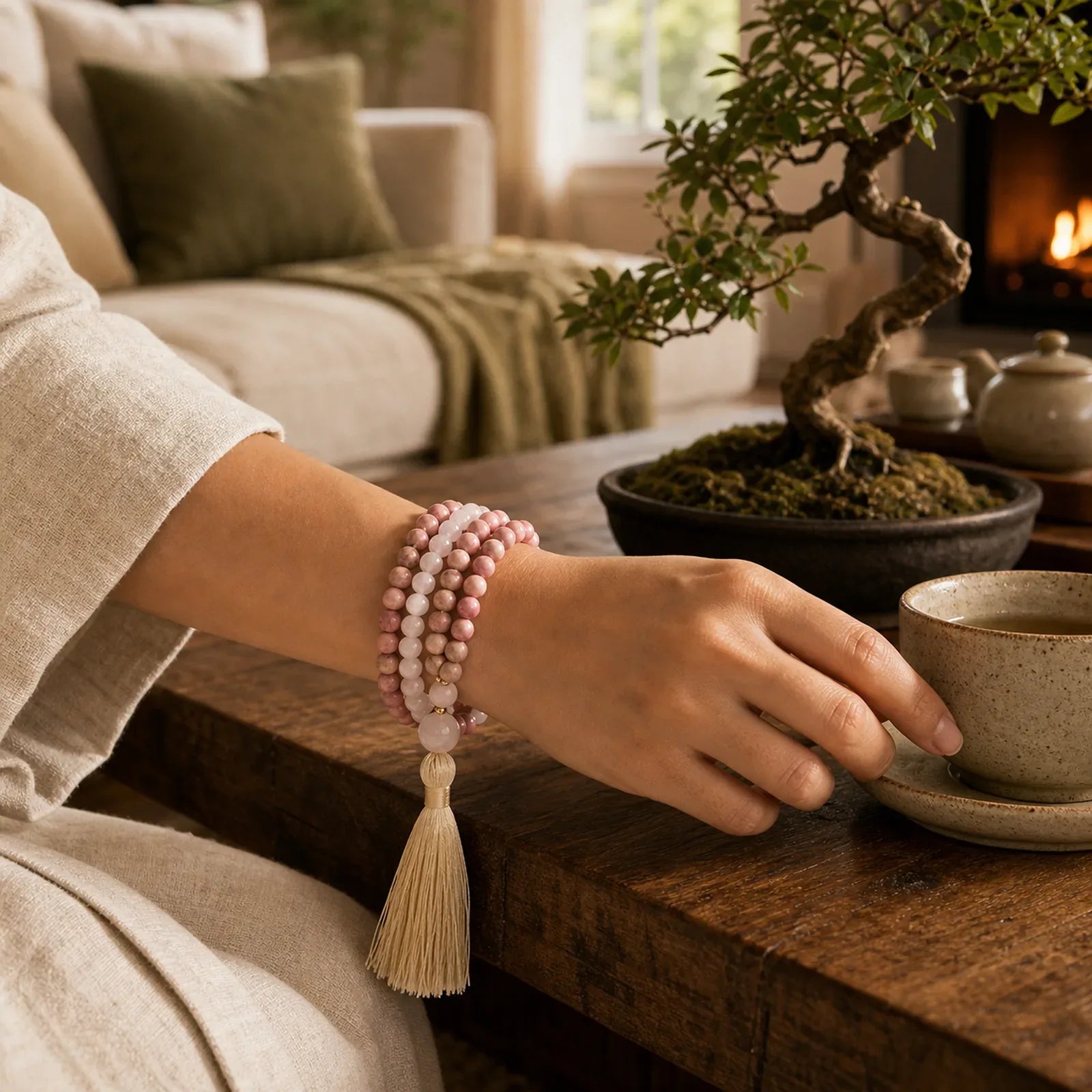 108 Mala Beads Rhodonite Rose Quartz Tassel Healing Bracelet featuring Rhodonite, Rose Quartz