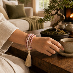 108 Mala Beads Rhodonite Rose Quartz Tassel Healing Bracelet featuring Rhodonite, Rose Quartz