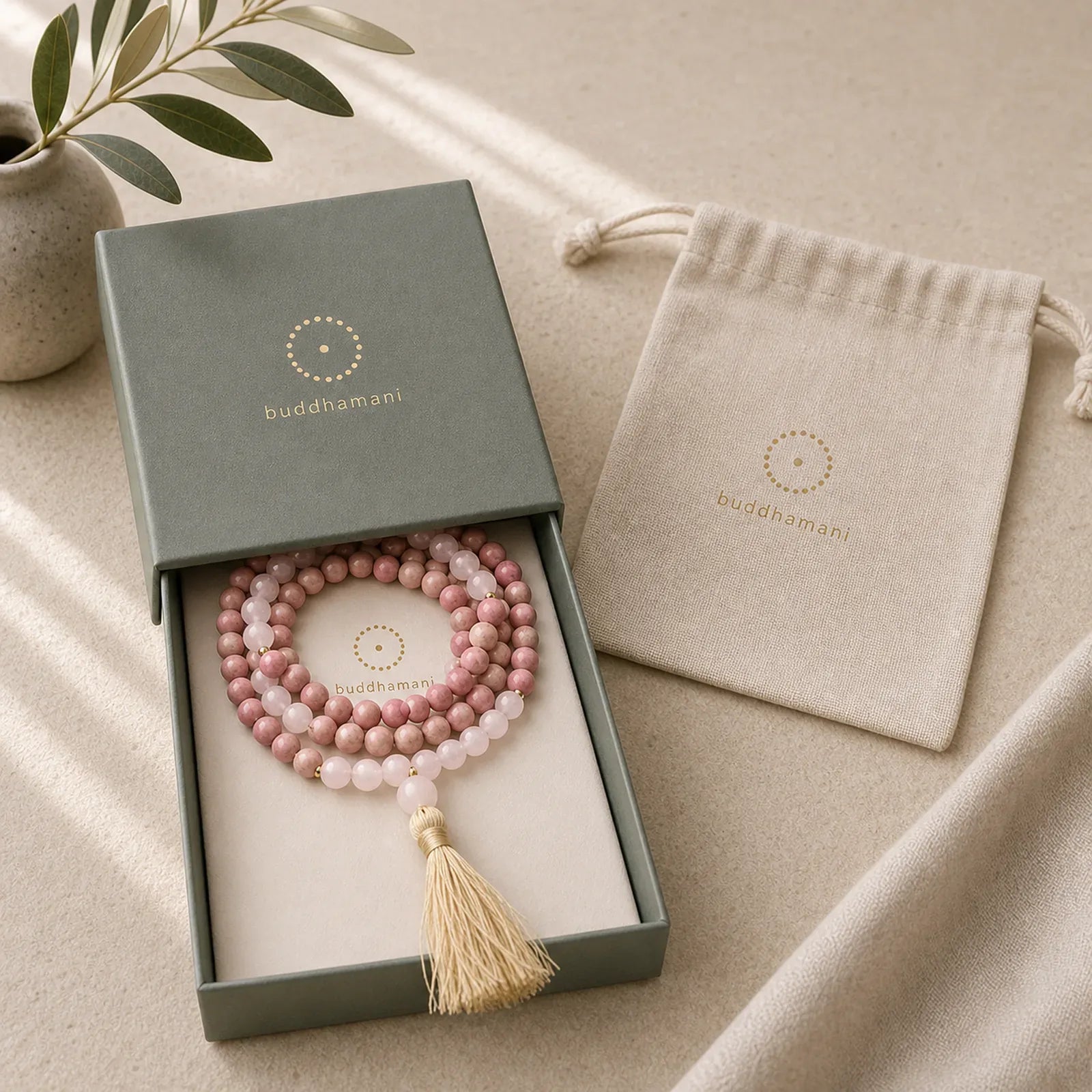 108 Mala Beads Rhodonite Rose Quartz Tassel Healing Bracelet featuring Rhodonite, Rose Quartz