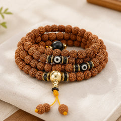 108 Mala Beads Rudraksha Bodhi Seed Dzi Bead Luck Wealth Bracelet featuring Bodhi Seed, Dzi Bead, Nine-Eye Dzi Bead