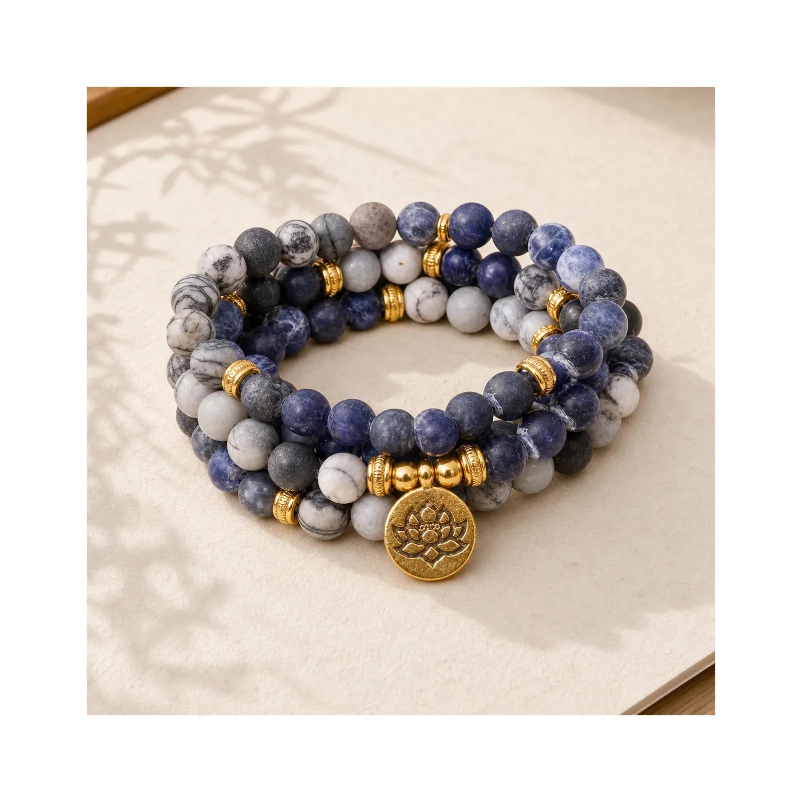 108 Mala Beads Sodalite Zebra Jasper Crystal Lotus Strength Bracelet featuring Sodalite, Zebra Jasper, Lotus